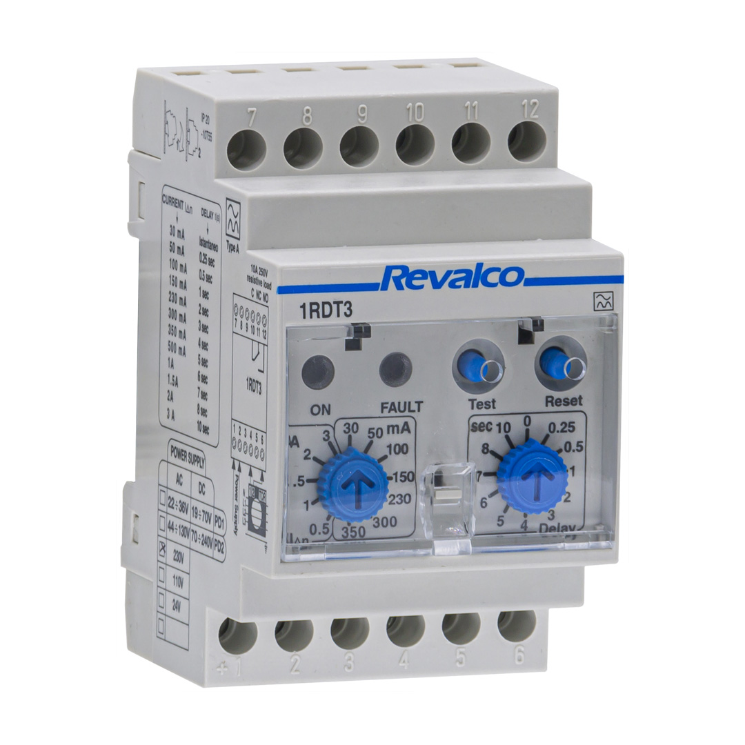 REVALCO. 1RDT3 RELE DIFERENCIAL DIN 3 MOD CLASE A SENSI 30-350MA/1-3A TIEMPO 0-10S 230VAC