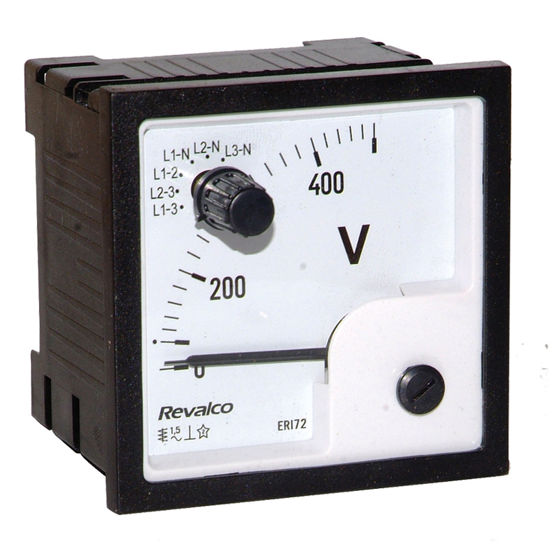 REVALCO. ERI72C-500VD VOLTIMETRO ANALOGICO C/CONMUTADOR 72X72MM 500V AC DIRECTA C/ESCALA FASE-FASE Ó FASE-NEUTRO