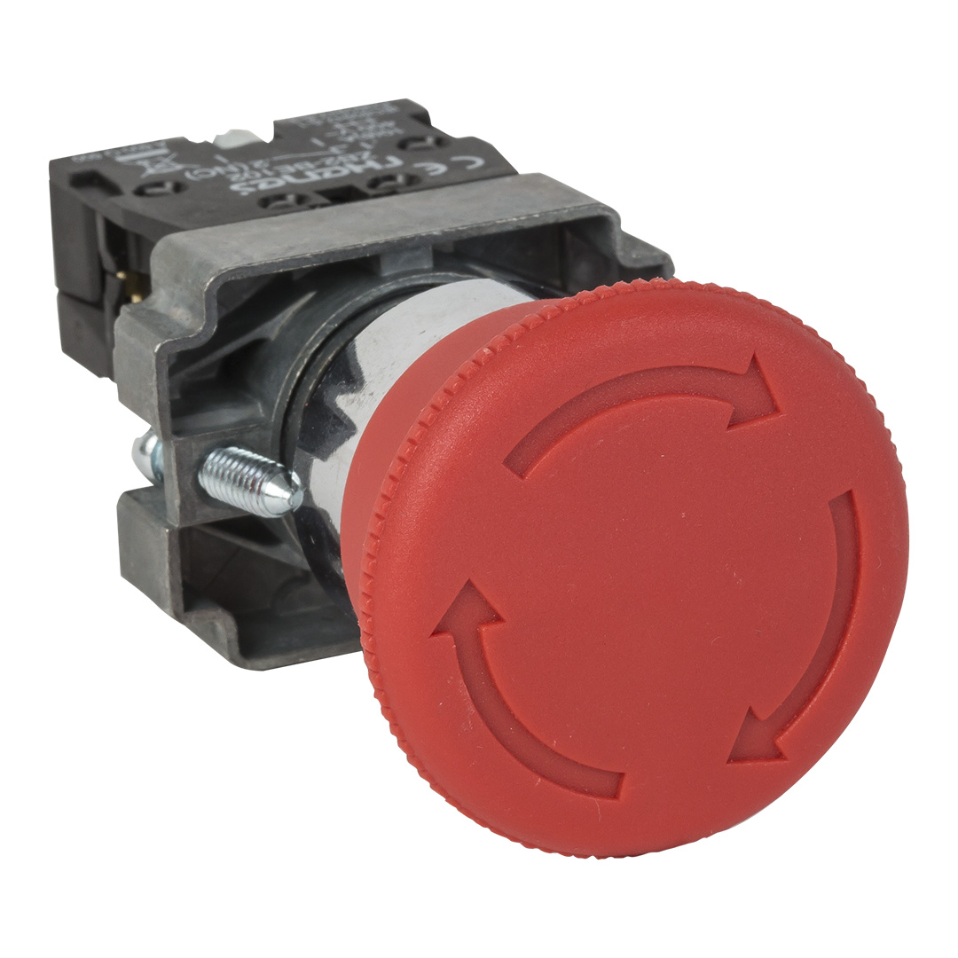 RHENES  PULSADOR PARO EMERGENCIA METALICO Ø22MM GIRAR PARA DESENCLAVAR CABEZA Ø30MM ROJO 1NC