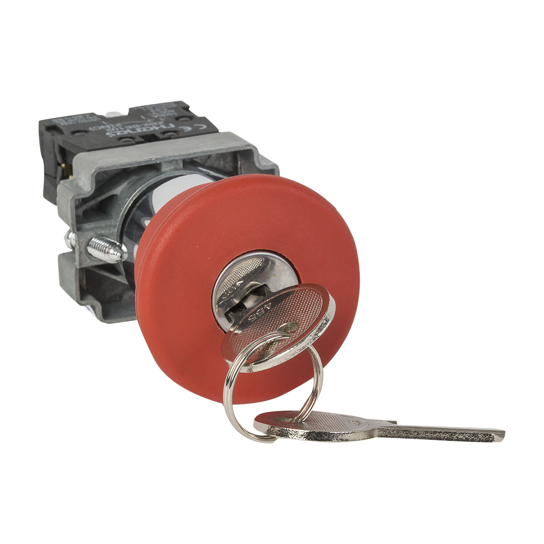 RHENES  PULSADOR PARO EMERGENCIA METALICO Ø22MM DESENCLAVAR CON LLAVE RONIS CABEZA Ø40MM ROJO 1NC