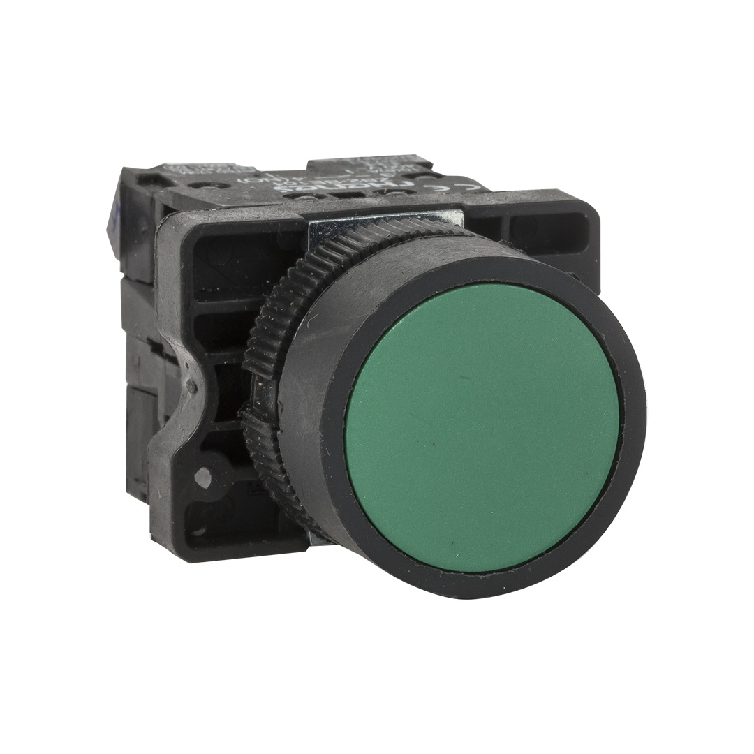 RHENES  PULSADOR C/RETORNO PLASTICO Ø22MM SALIENTE VERDE 1NO+1NC