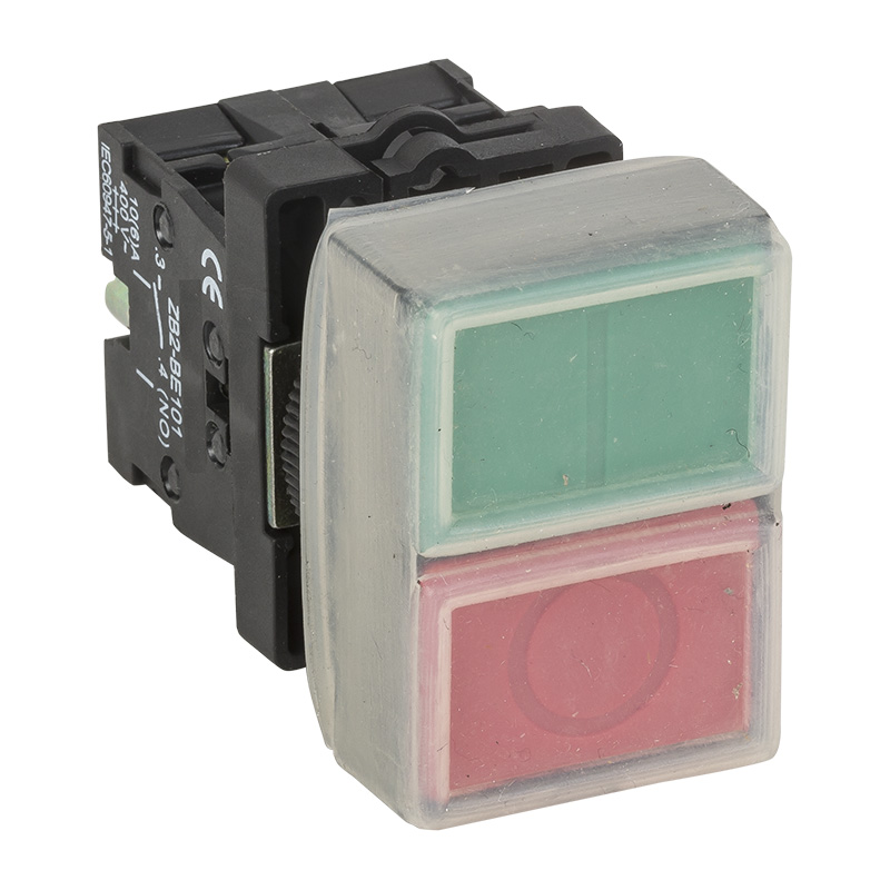 RHENES  PULSADOR DOBLE PLASTICO Ø22MM C/CUBIERTA DE PROTECCION IP65 VERDE RASANTE + ROJO RASANTE 1N