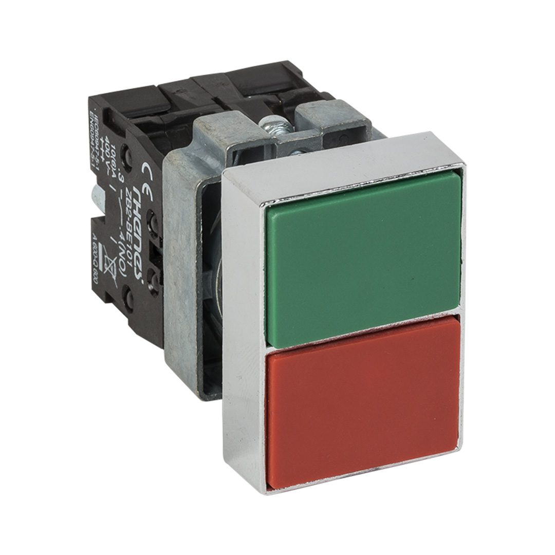 RHENES  PULSADOR DOBLE METALICO Ø22MM VERDE RASANTE + ROJO RASANTE 1NO+1NC