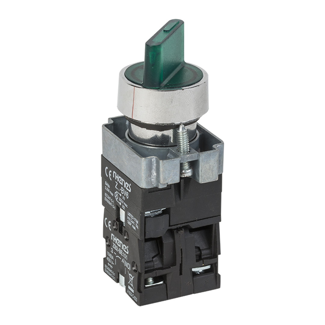 RHENES  SELECTOR LUMINOSO INCAND METALICO Ø22MM 2 POSICIONES 1NO+1NC 230VAC VERDE